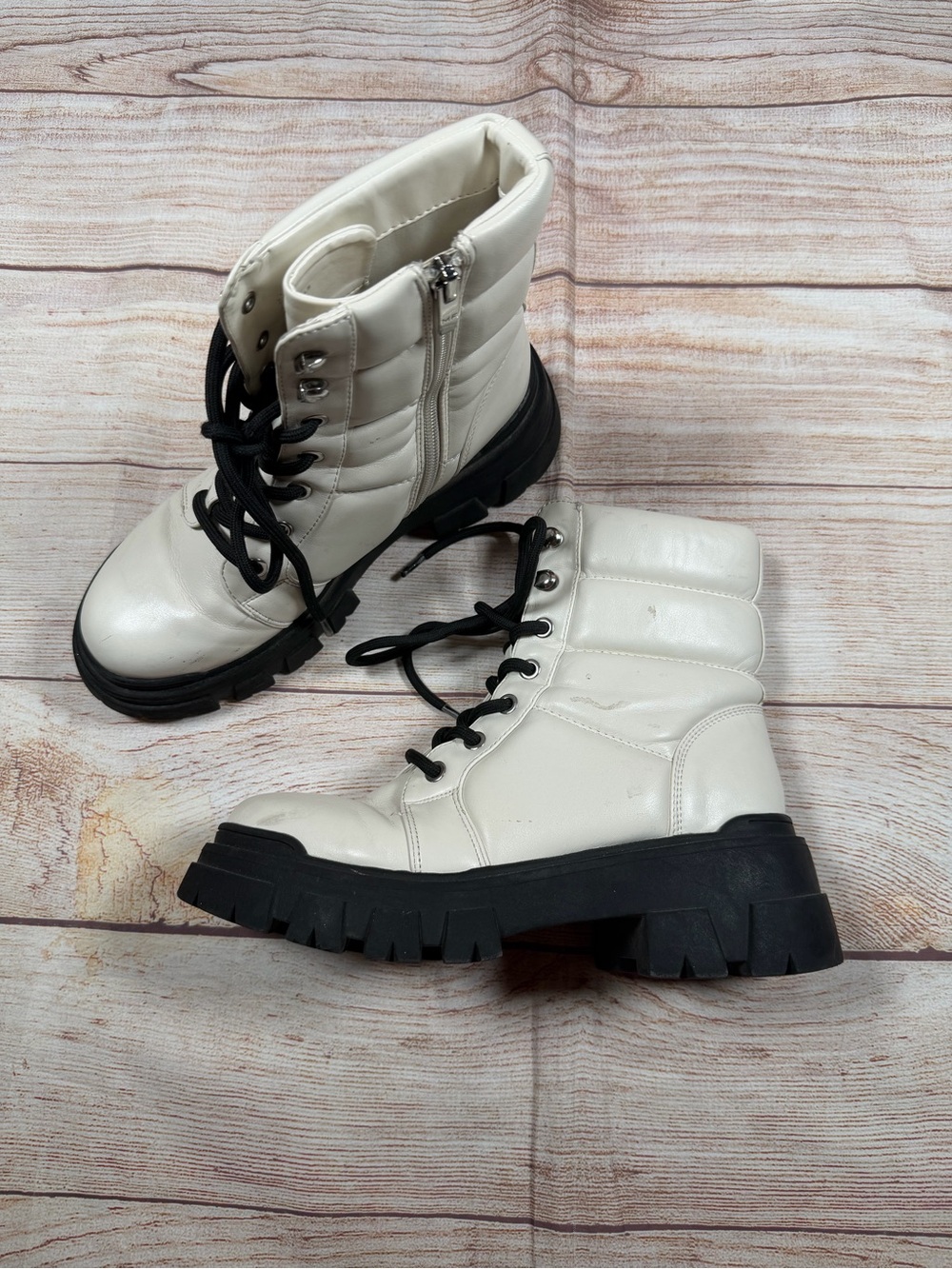 Mark Fisher‎ Amita Women's Cream Combat Boots with Black Lug Sole